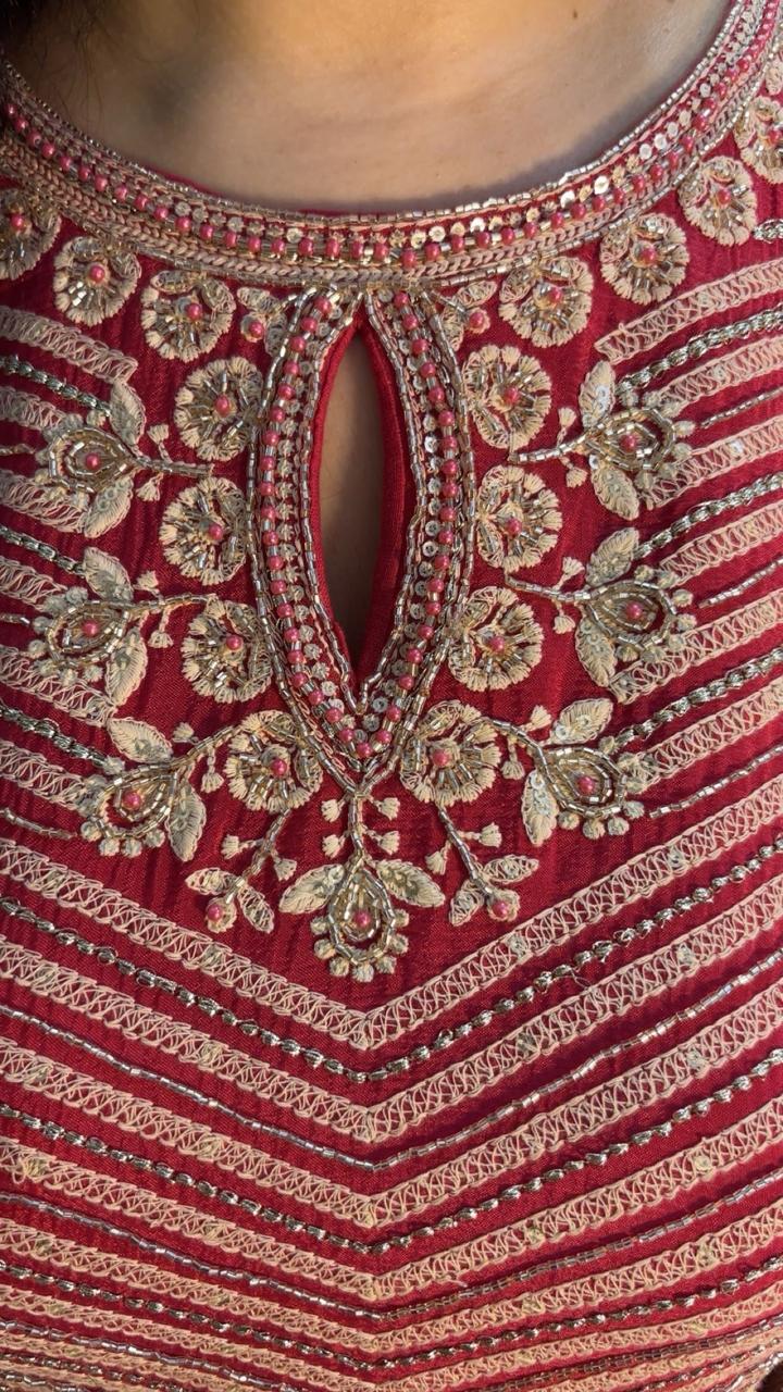 Female party wear dress red chinon closer view