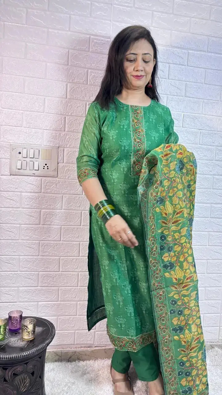 Mul Chanderi Kalamkari Print with Katha Work