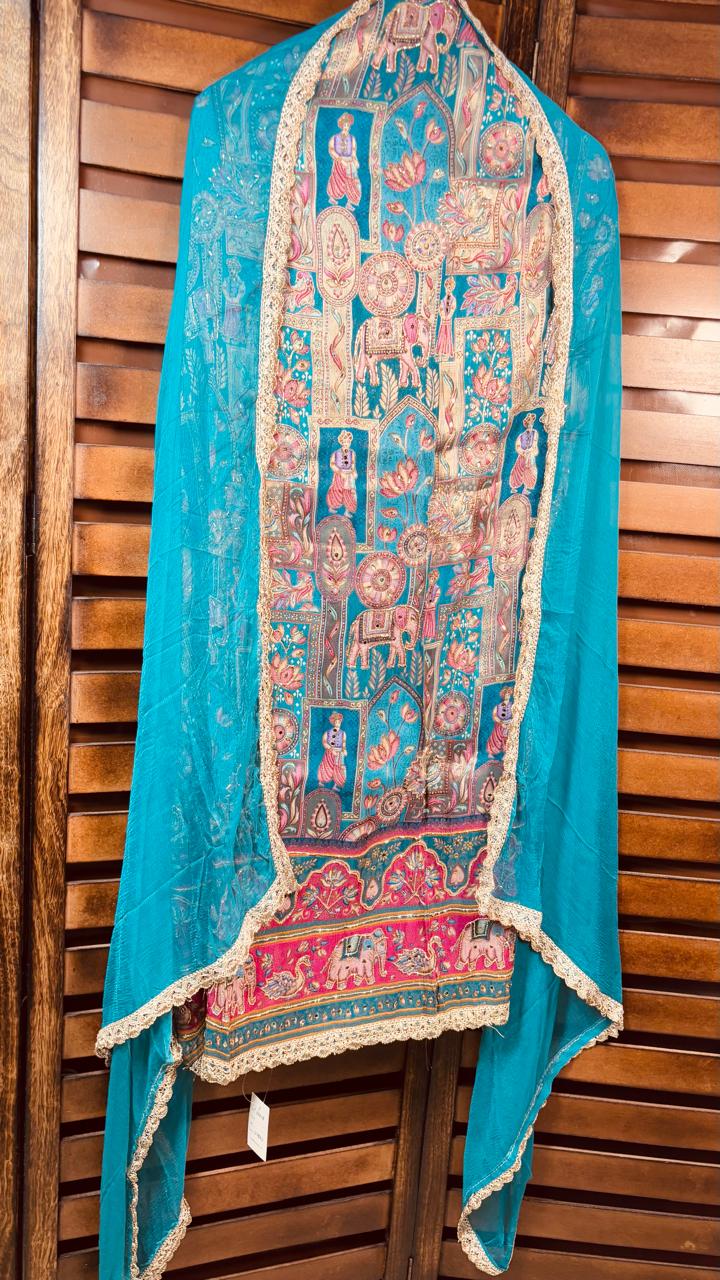 Blue Silk Cotton Suit with Banarasi Ajrakh print and embroidery