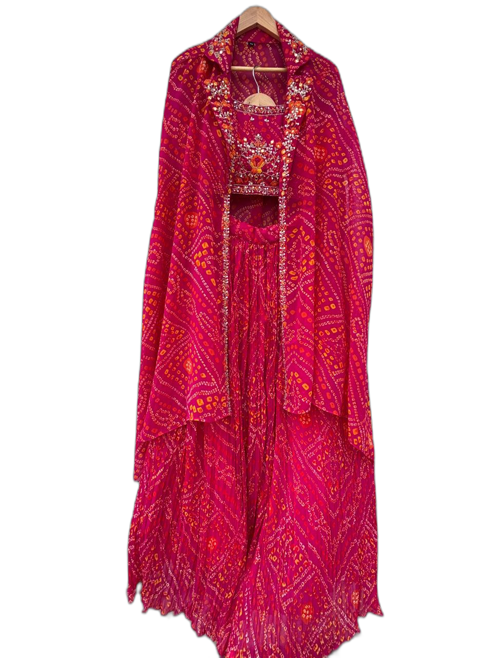 Georgette bandhani lehenga hand work detail