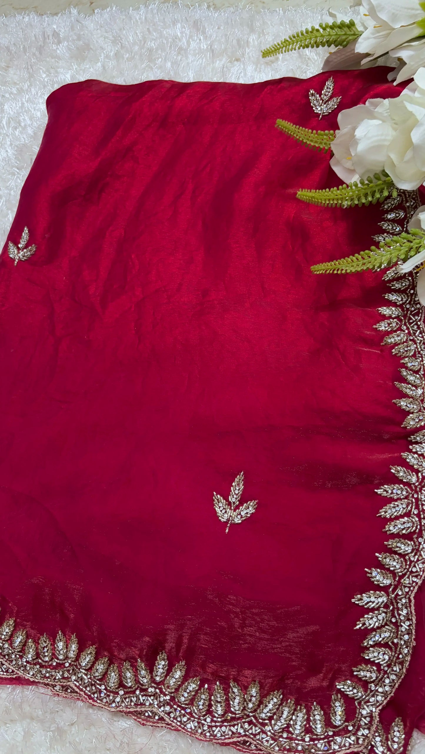 Organza Saree wine pink front view with cutdana work
