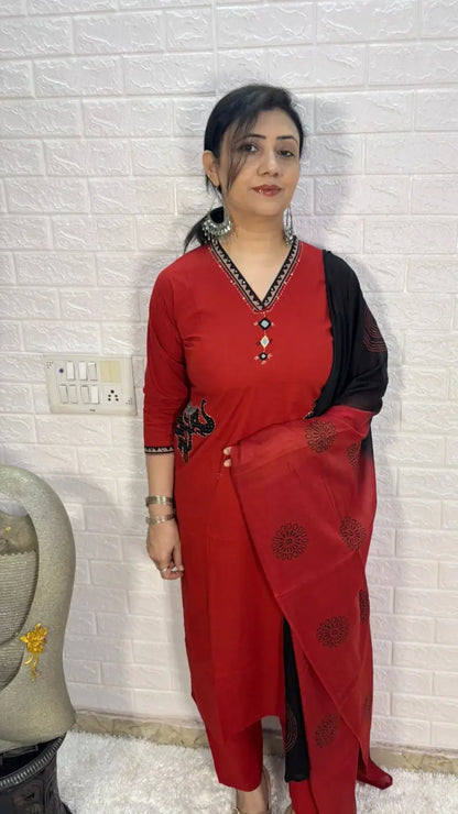 cotton women suit red mirror work front view