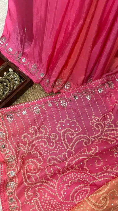 Pink and Peach Jaipuri Silk Saree fabric detail
