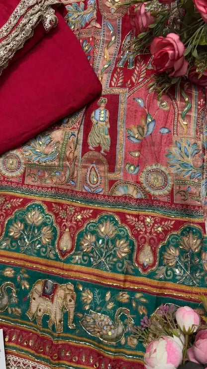 Silk Cotton Suit Red Ajrakh Banarasi print fabric and embroidery design