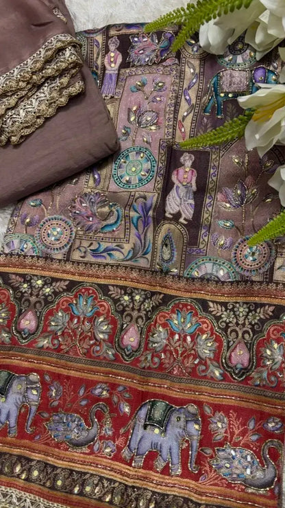 Silk Cotton Suit Brown Ajrakh Banarasi print fabric and embroidery design