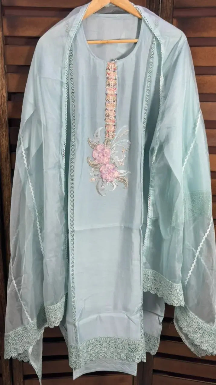 Mul Chanderi blue suit peach front view