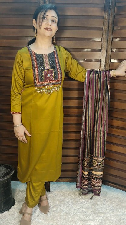 Yellow Silk Ajrakh Suit Front View