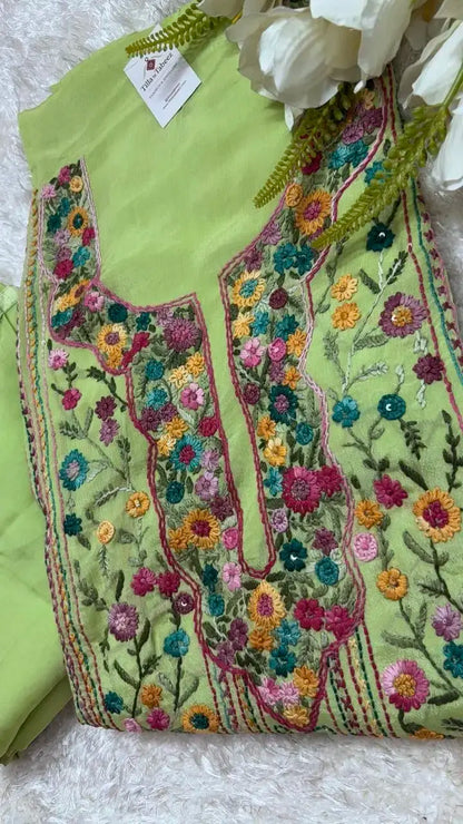 Lucknowi Chinon with Hand Embroidery Suit
