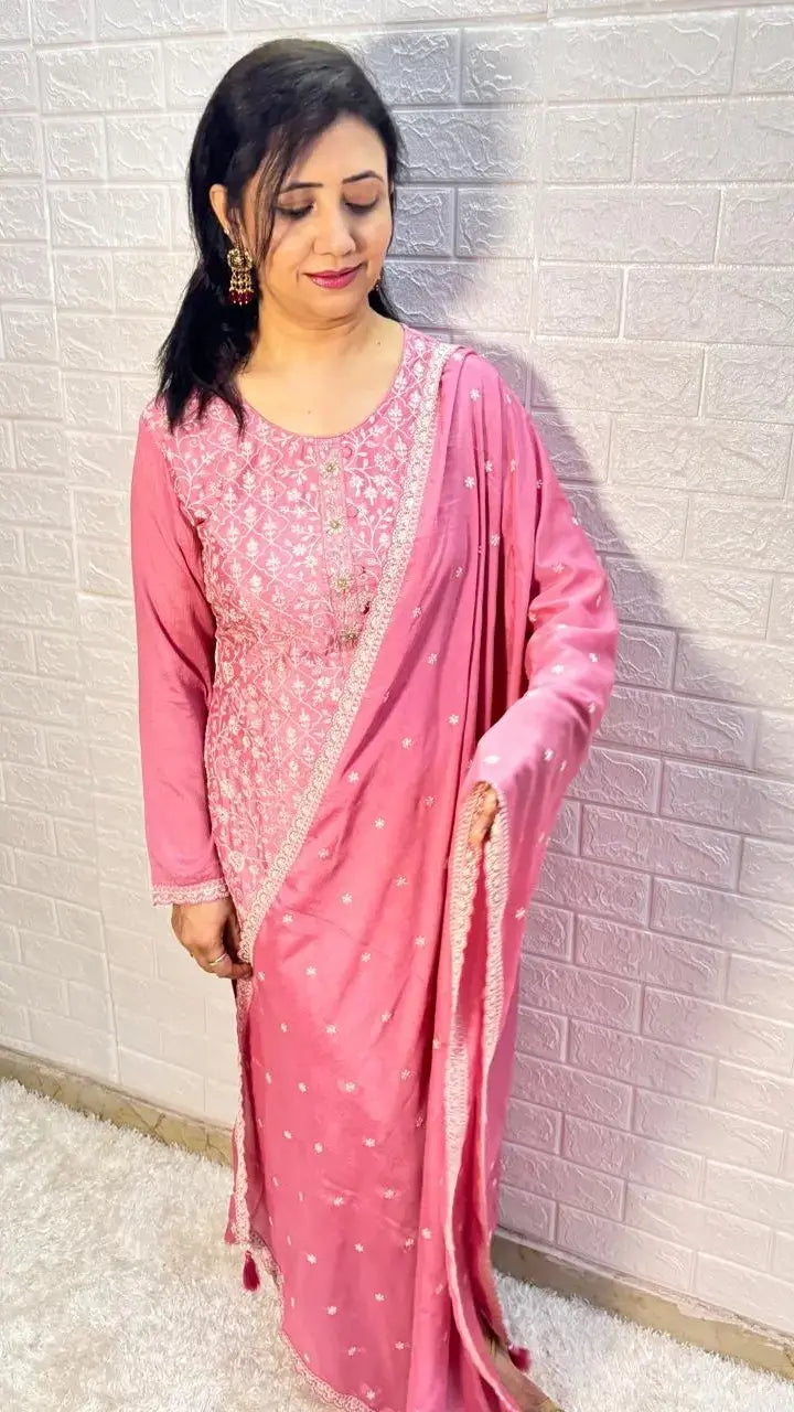 pink chinon silk suit for women