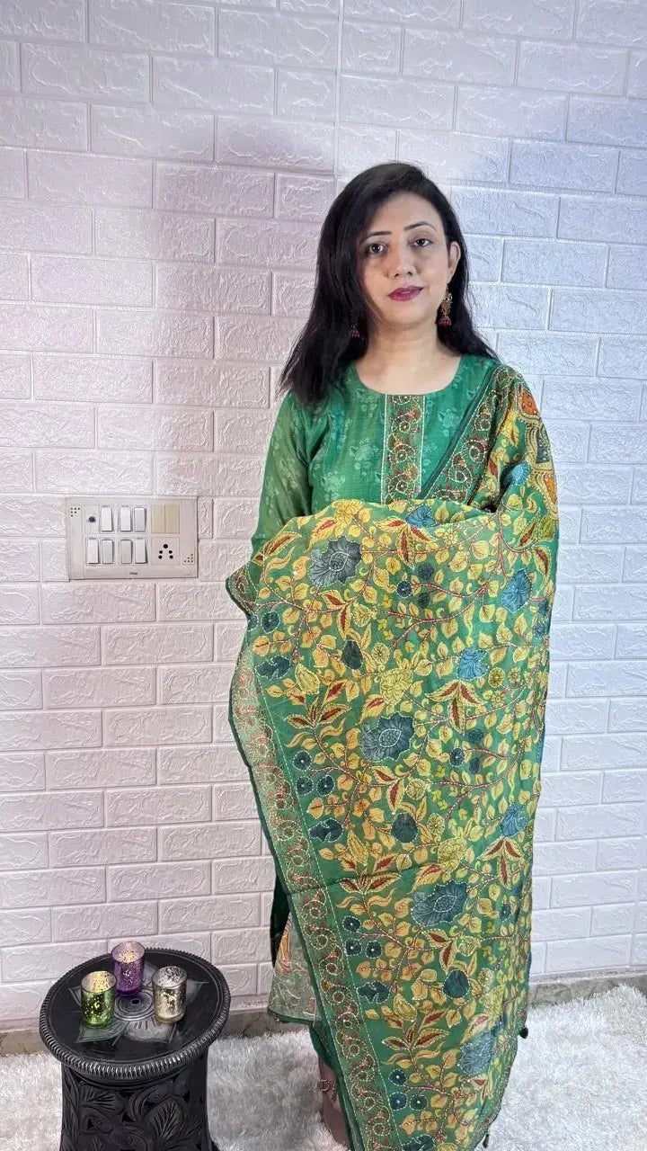 Mul Chanderi Kalamkari Print with Katha Work