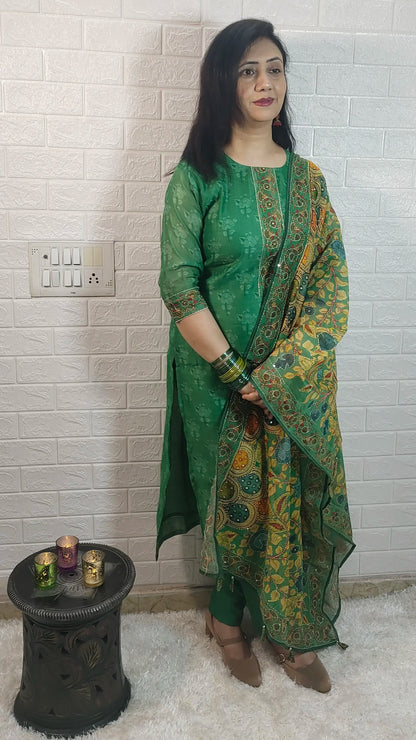 Mul Chanderi Kalamkari Print with Katha Work