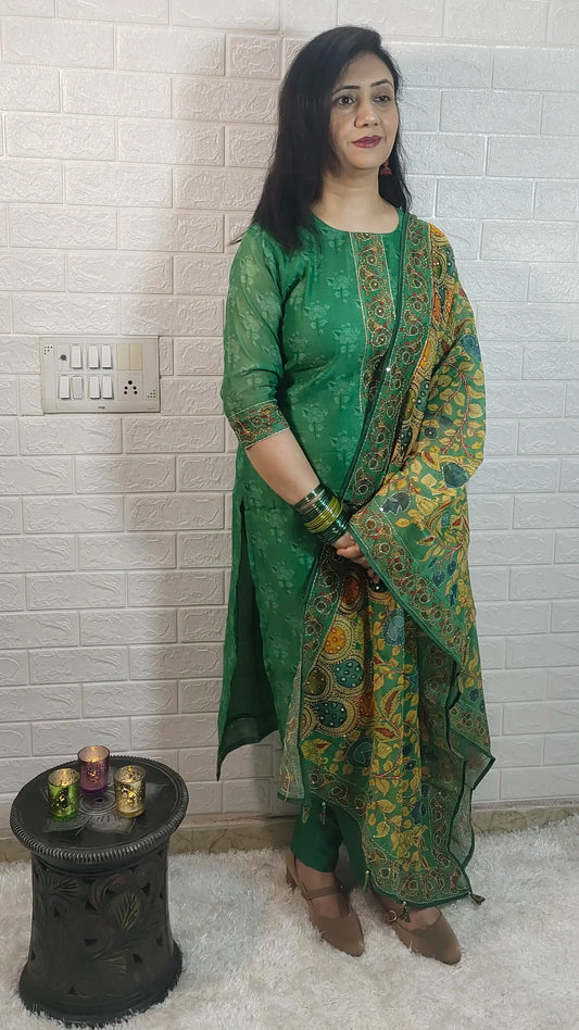 Mul Chanderi Kalamkari Print with Katha Work