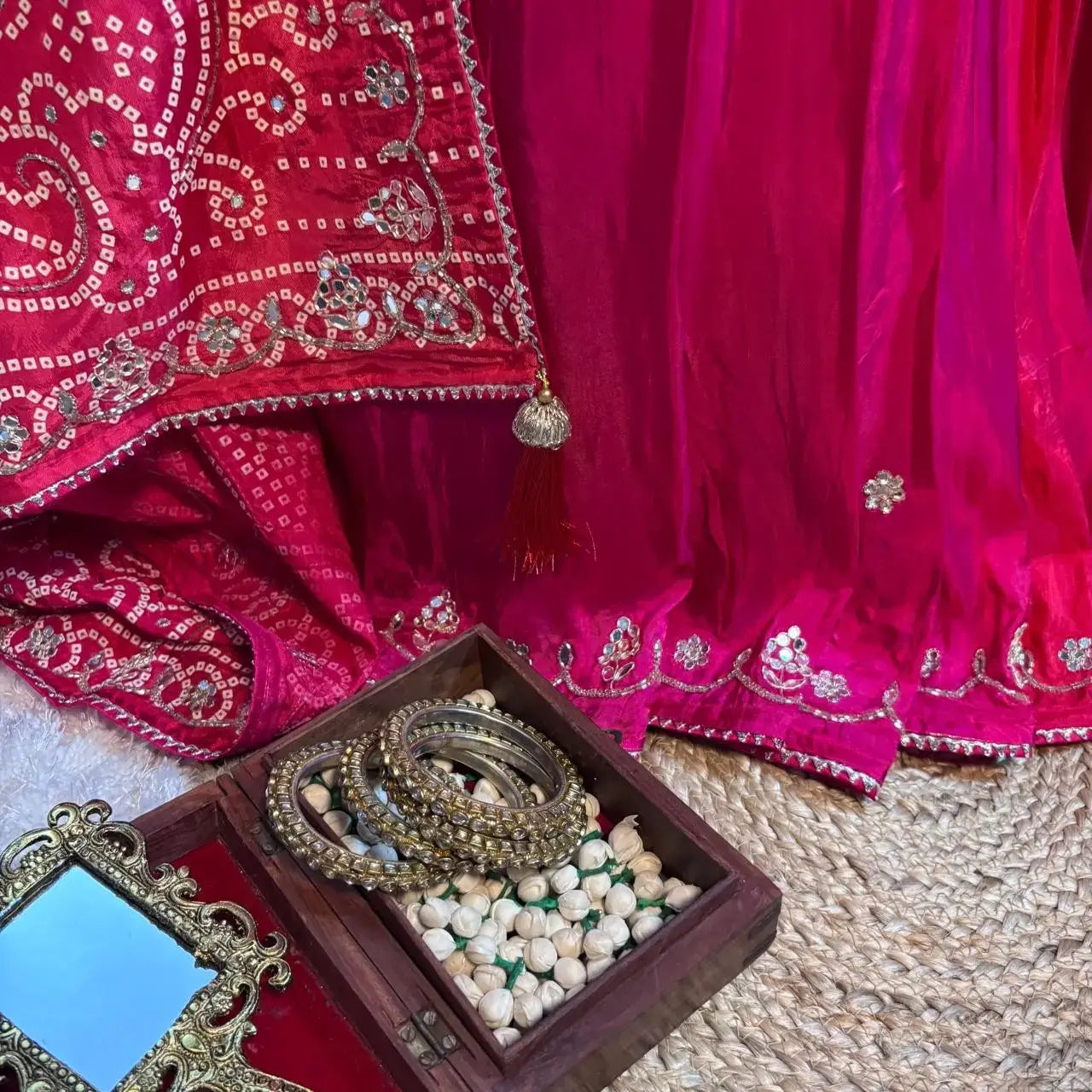 Red and magenta Jaipuri Soft Silk Saree for festive wear