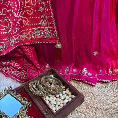 Red and magenta Jaipuri Soft Silk Saree for festive wear
