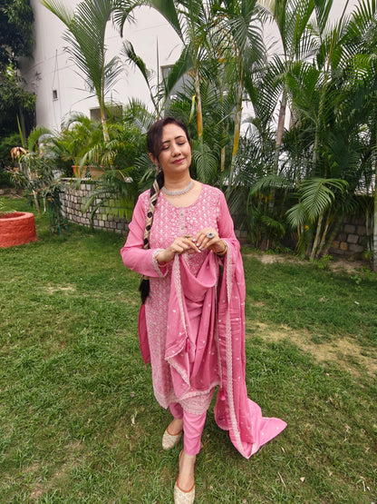 chinon fabric pink suit with heavy embroidery full view
