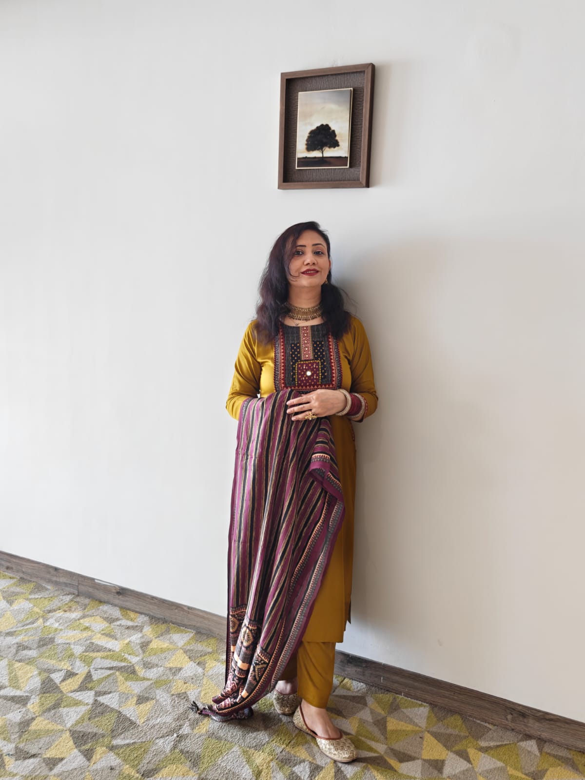 Gaji Silk Ajrakh Yellow Stitched Suit