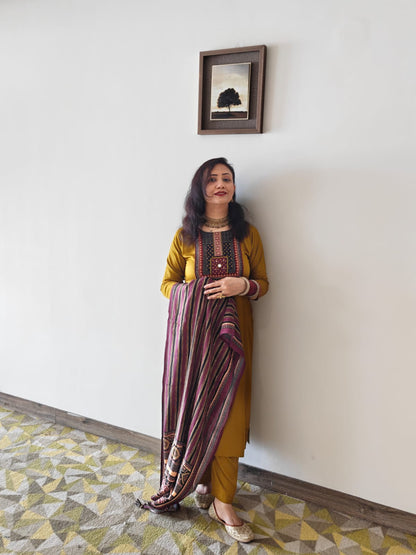 Gaji Silk Ajrakh Yellow Stitched Suit