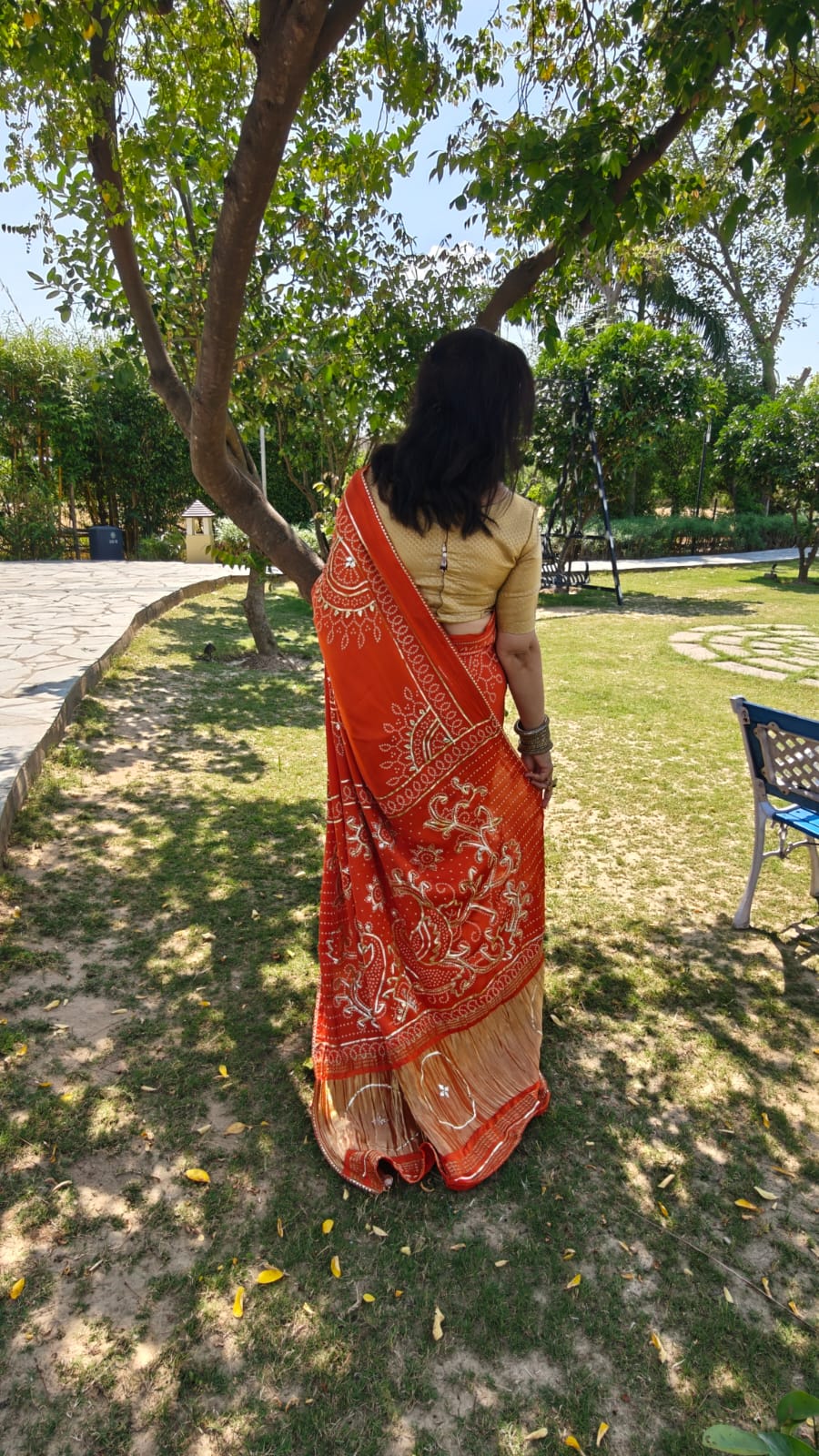 Gaji Silk Saree orange with Gota Patti work rear view