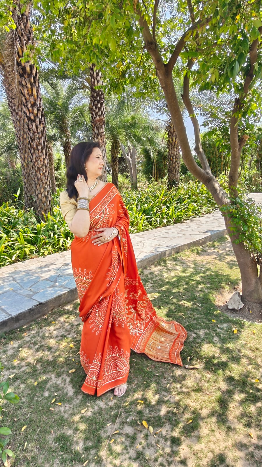 Gaji Silk Saree orange with Gota Patti work front view