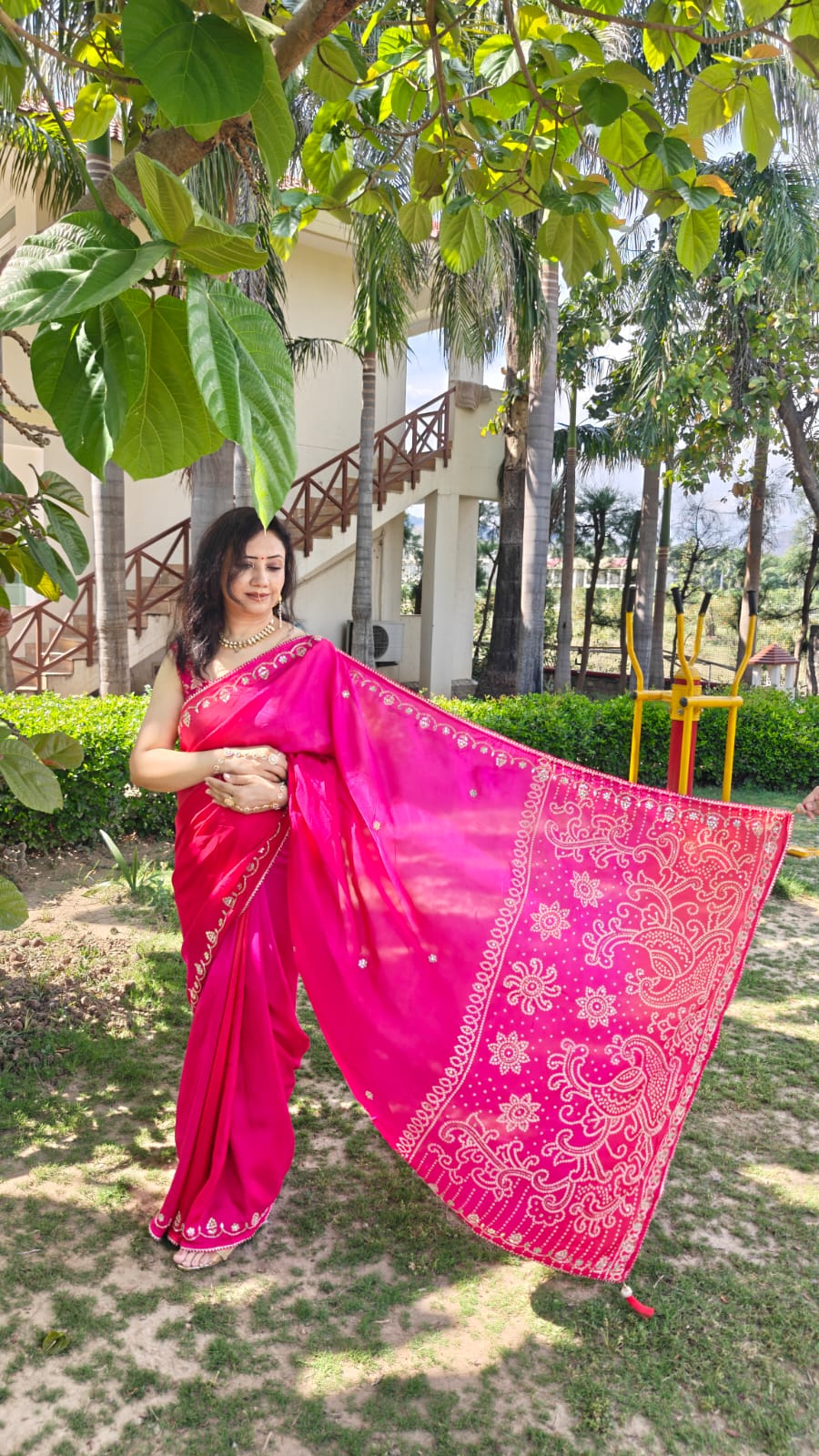 Magenta Jaipuri Silk Saree front view