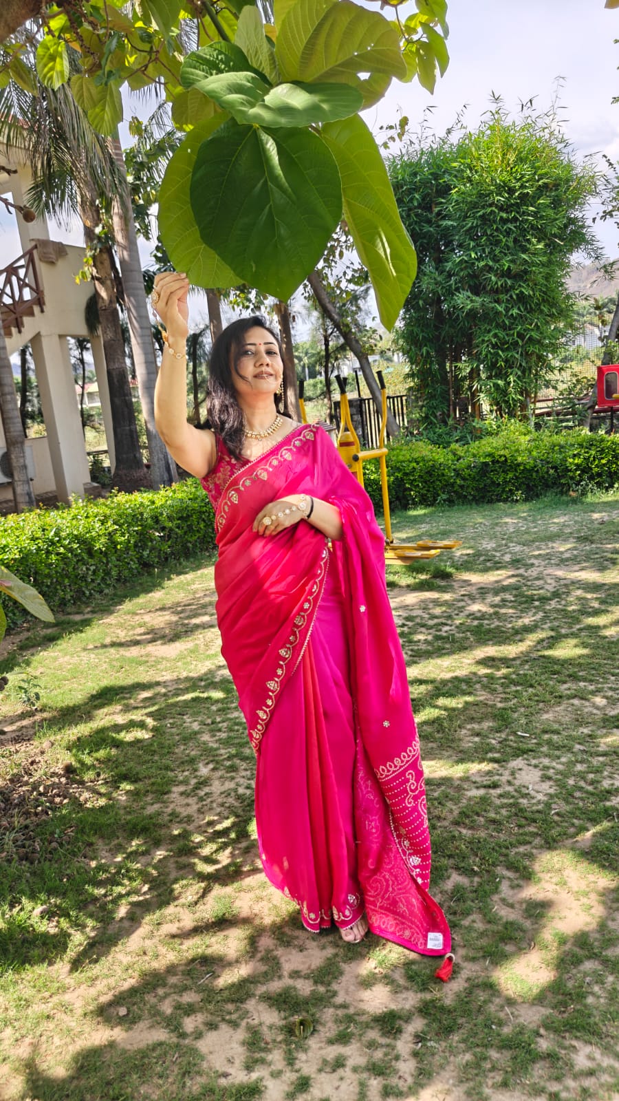 Red and magenta Jaipuri Soft Silk Saree for festive wear