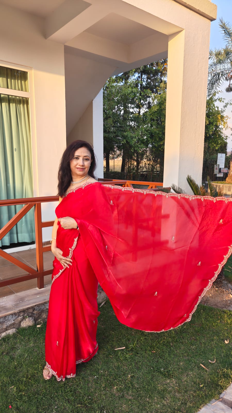 Red Organza Saree fabric shimmer side view