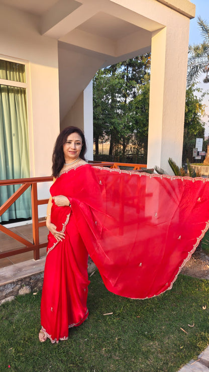 Red Organza Saree fabric shimmer side view
