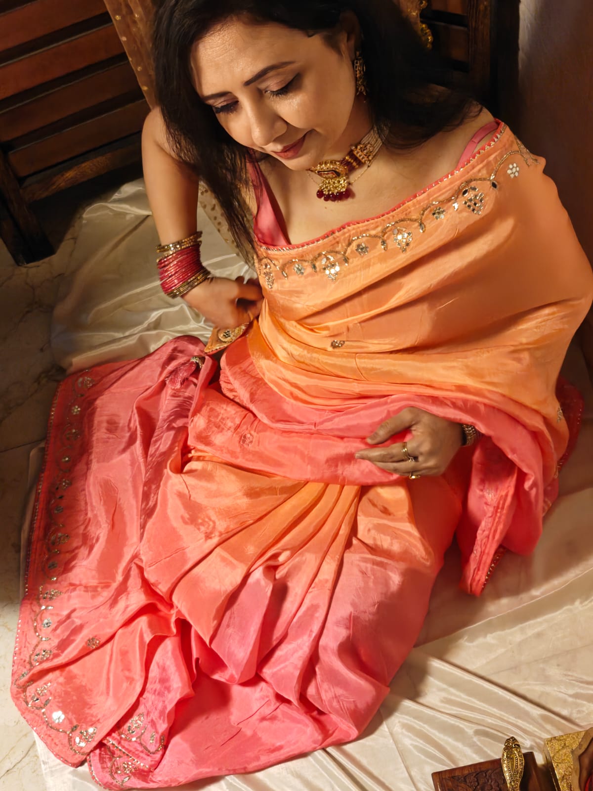 Pink and Peach Soft Jaipuri Silk Saree for wedding and festive wear