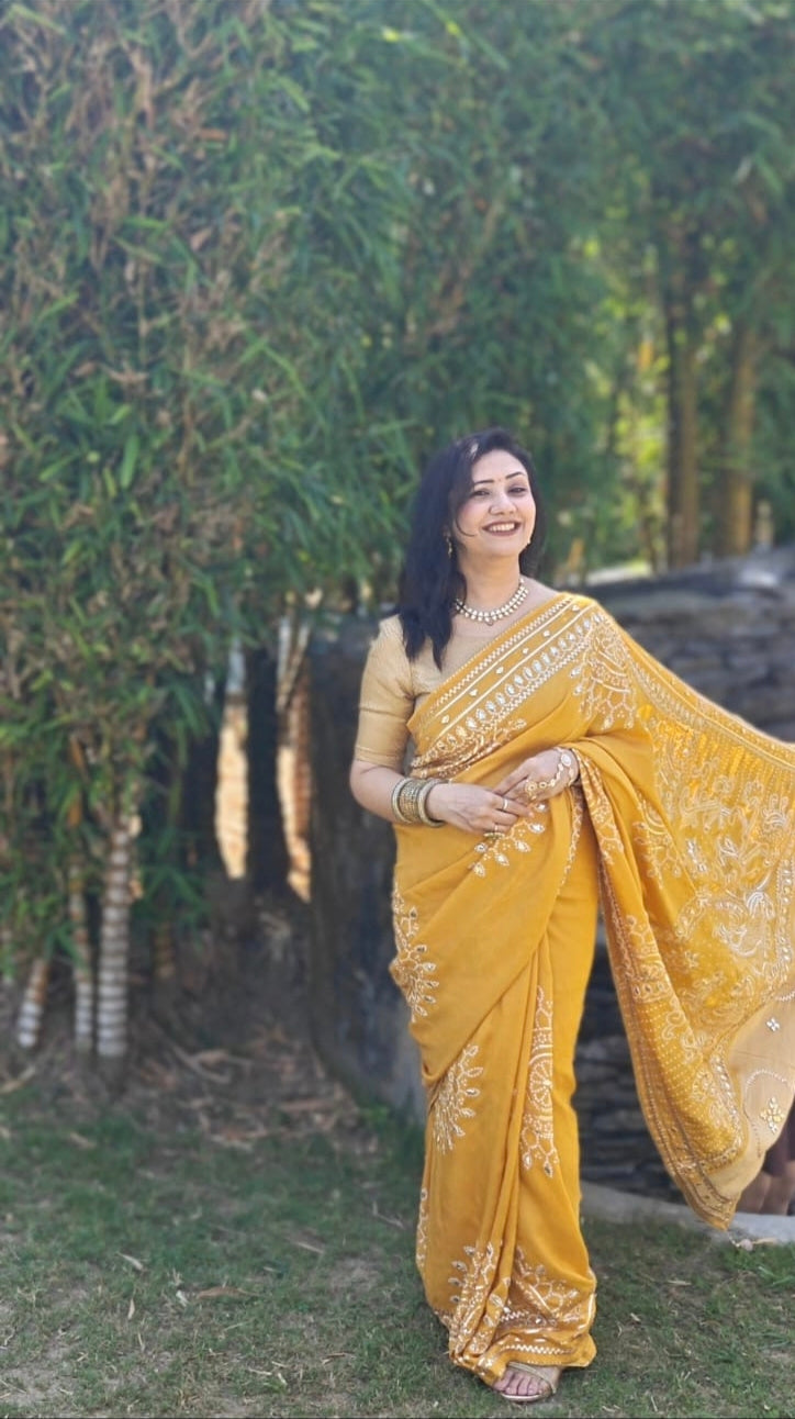 Chanderi Silk Saree Yellow with Gota Patti work front view