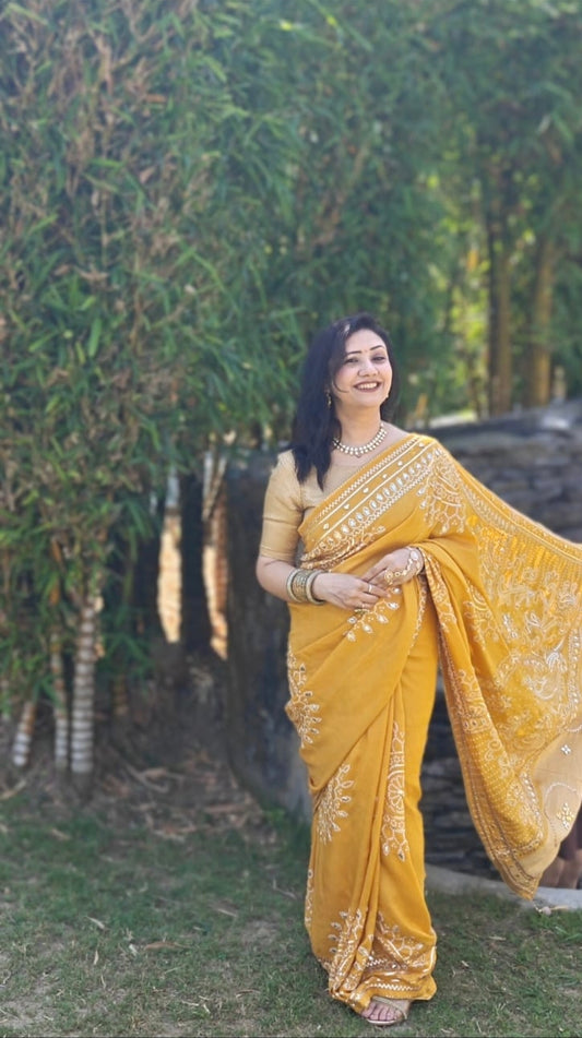 Chanderi Silk Saree Yellow with Gota Patti work front view
