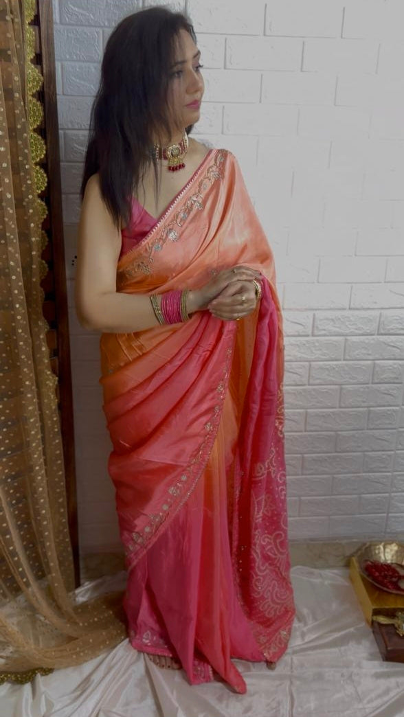 Jaipuri Silk Saree with hand embroidery front view