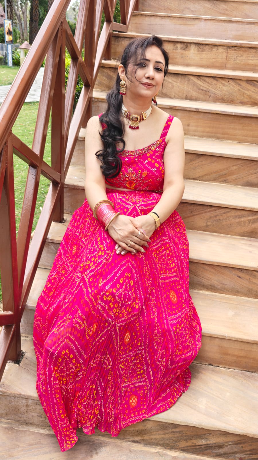 Georgette bandhani lehenga hand work front view
