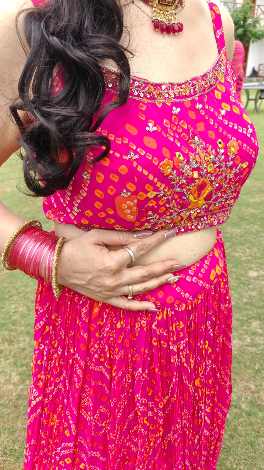 Georgette bandhani lehenga hand embroidery detail