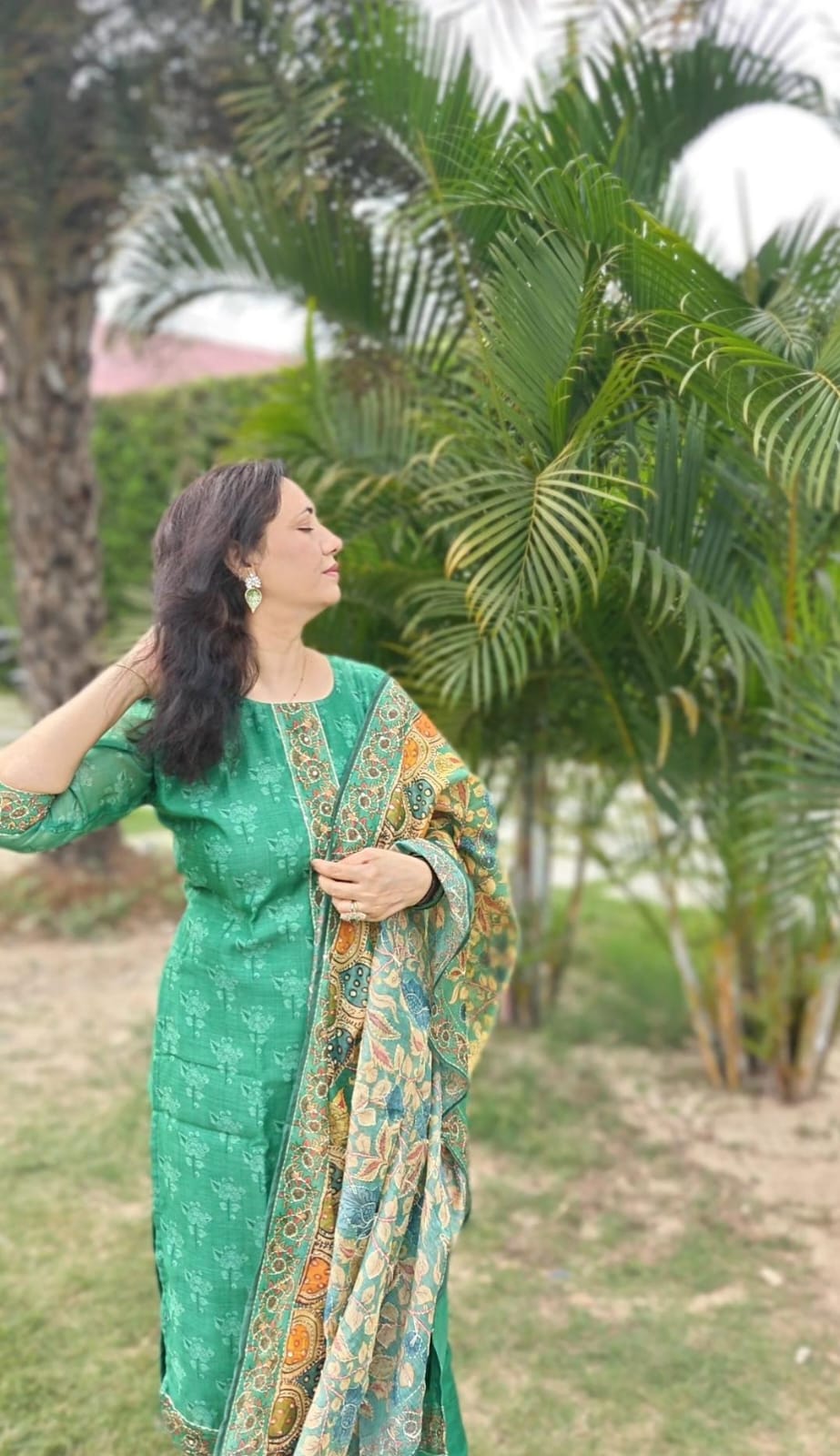 mul chanderi suit green kalamkari print front view
