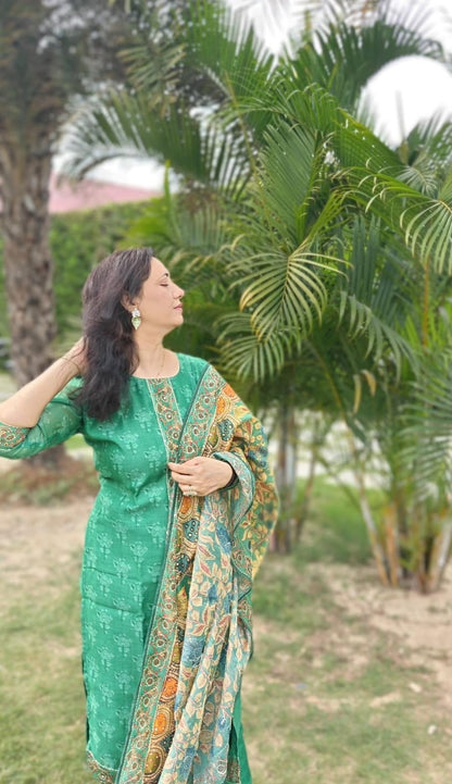 mul chanderi suit green kalamkari print front view