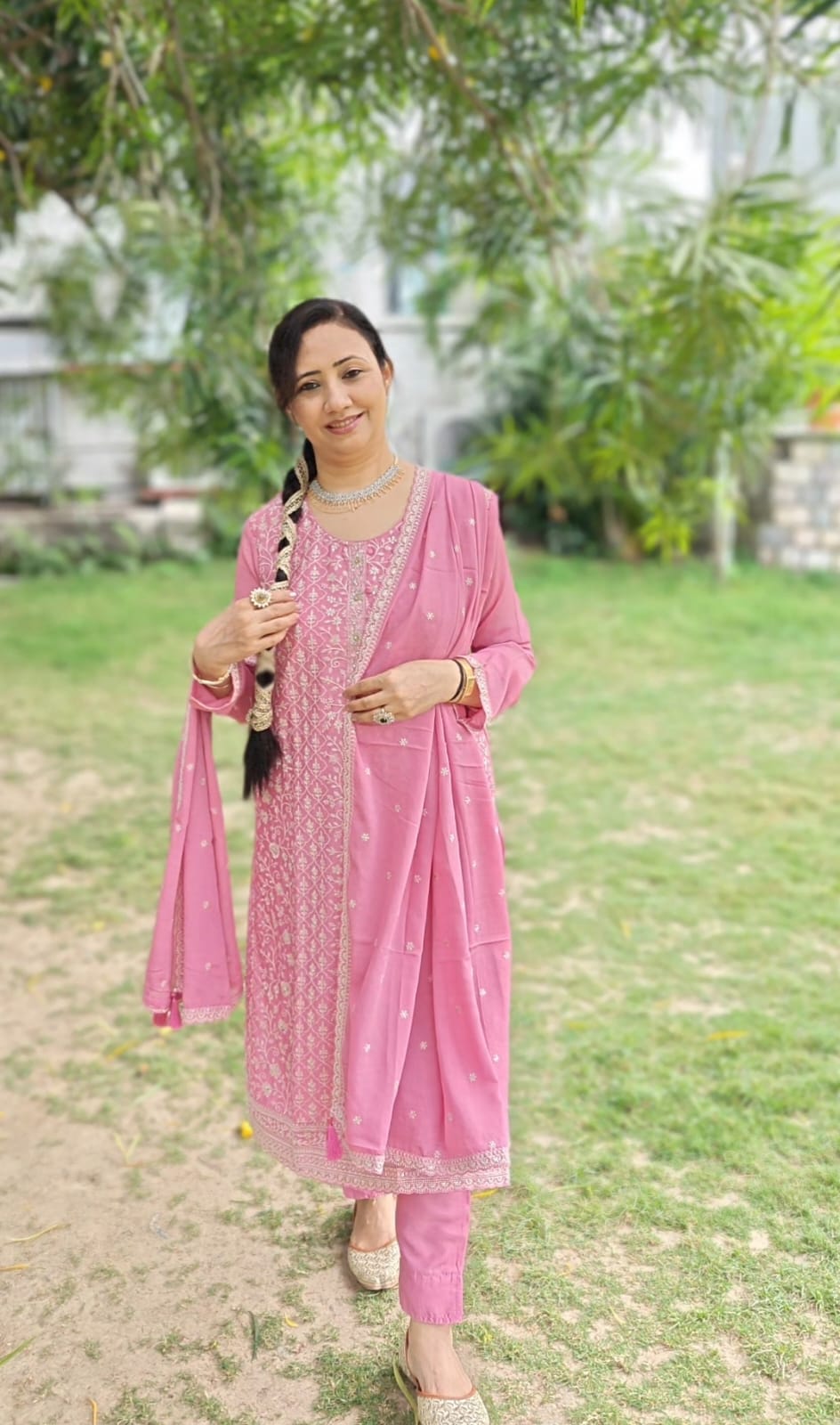 chinon fabric pink suit with heavy embroidery front view