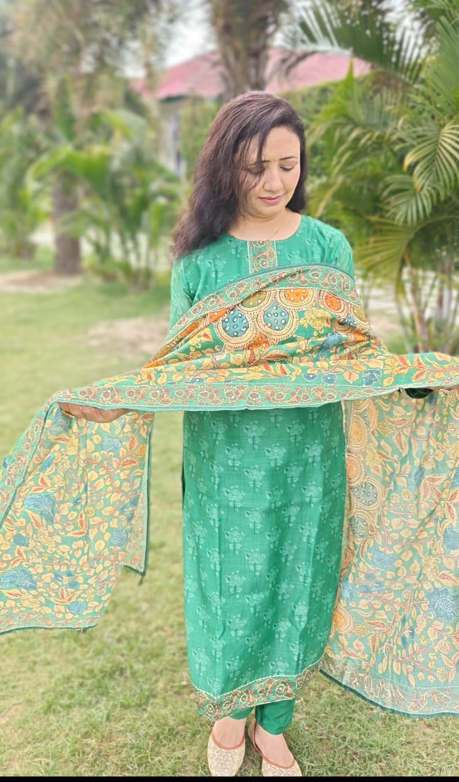 mul chanderi suit green kalamkari print full view