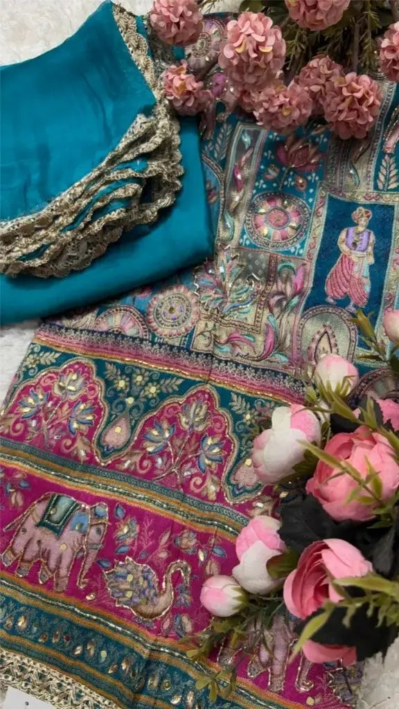 Silk Cotton Suit Blue Ajrakh Banarasi print fabric and embroidery design