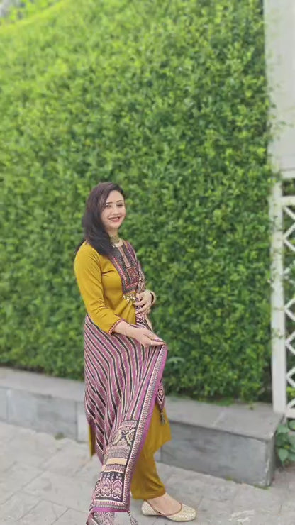 Gaji Silk Ajrakh Yellow Stitched Suit