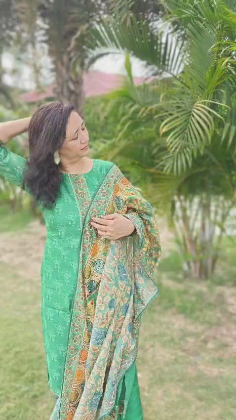mul chanderi suit green kalamkari print video