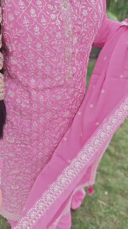 chinon fabric pink suit with heavy embroidery video