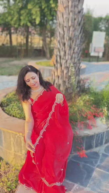 Red organza saree for wedding wear