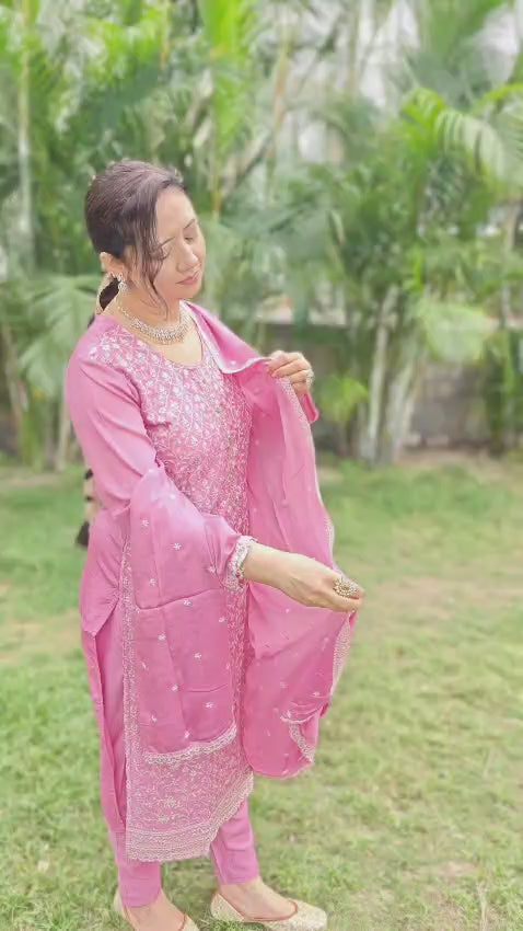 chinon fabric pink suit with heavy embroidery for women video