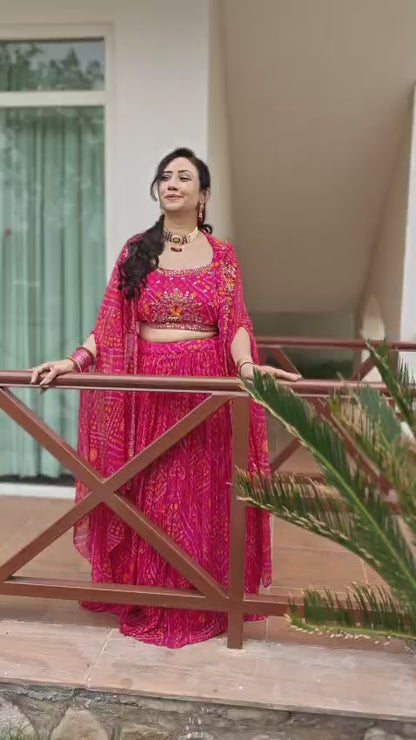 Rani Pink Bandhani Lehenga with Cape Video