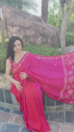 Red and magenta Jaipuri Soft Silk Saree for festive wear front view video