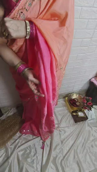 Pink and Peach Soft Jaipuri Silk Saree front view video