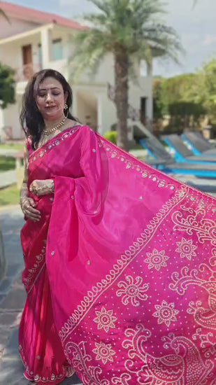 Red and magenta Jaipuri Soft Silk Saree for festive wear front view video