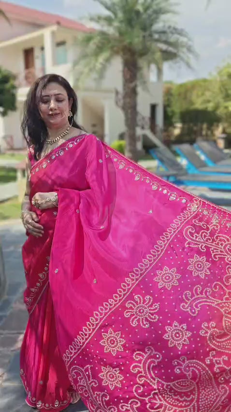 Red and magenta Jaipuri Soft Silk Saree for festive wear front view video
