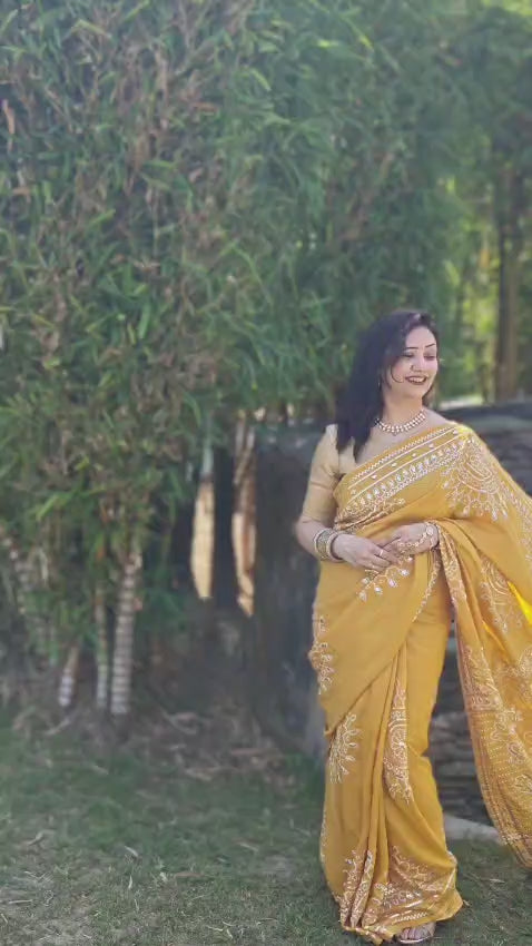 Chanderi Silk Saree Yellow with Gota Patti work detailing