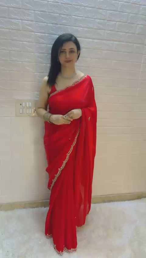 Red Organza Saree fabric shimmer detail view